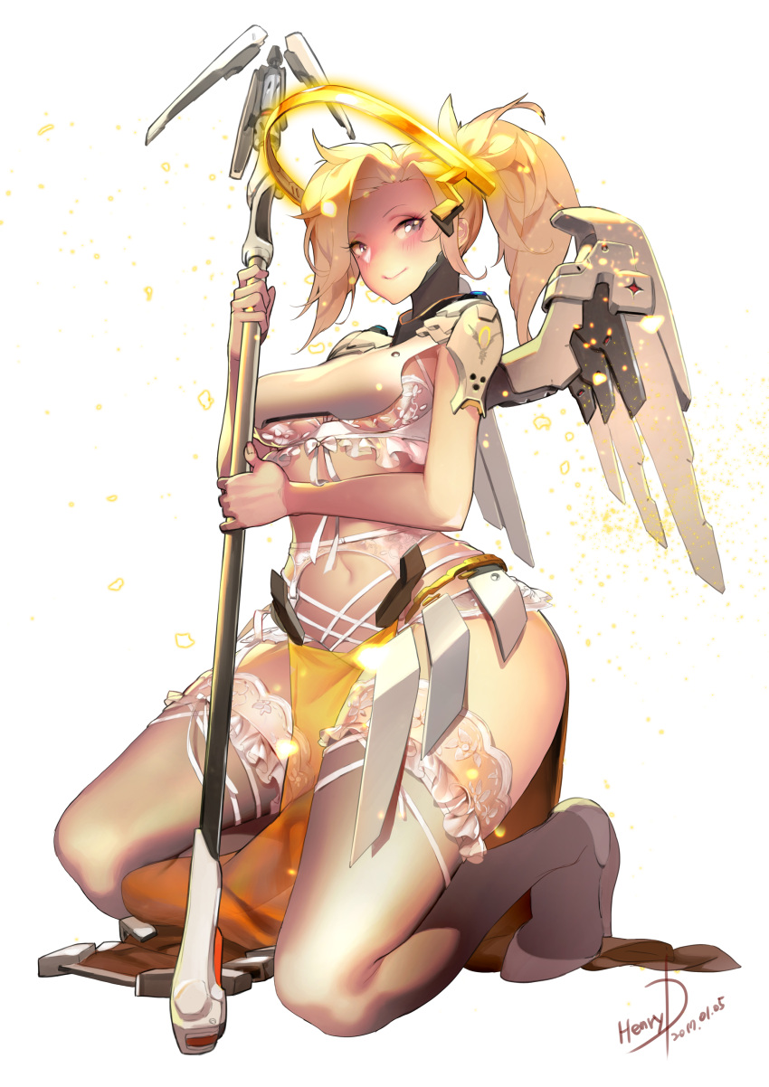 1girl absurdres artist_name blonde_hair blue_eyes blush boobplate bra breastplate closed_mouth dated eyelashes fingernails frilled_legwear frills front-tie_top full_body garter_belt garter_straps headgear henry_davis high_heels highres holding holding_staff holding_weapon kneeling lace lace-trimmed_bra lace-trimmed_thighhighs light_particles loincloth long_hair mechanical_halo mechanical_wings mercy_(overwatch) navel overwatch pauldrons pelvic_curtain ponytail signature simple_background smile solo staff thigh-highs underwear weapon white_background white_bra white_legwear wing_print wings