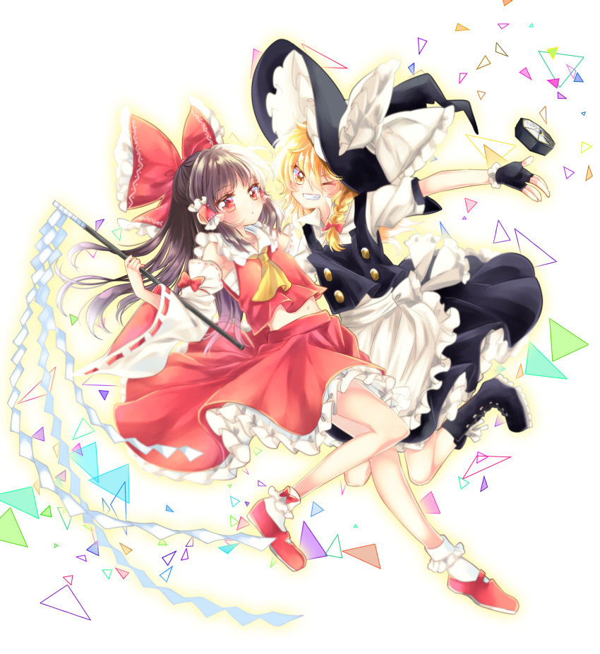 &gt;:) &gt;;) 2girls apron ascot blonde_hair blush bobby_socks boots bow braid brown_hair commentary confetti cross-laced_footwear detached_sleeves expressionless fingerless_gloves gloves gohei grin hair_bow hakurei_reimu hat hat_bow highres jumping kirisame_marisa lace-up_boots long_hair looking_at_viewer mary_janes mini-hakkero multiple_girls muzuki_uruu navel red_eyes red_shoes sarashi shoes side-by-side side_braid single_braid skirt skirt_set smile sock_bow socks touhou vest waist_apron witch_hat yellow_eyes