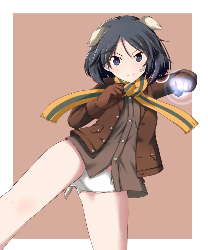 animal_ears bandaid bandaid_on_face black_eyes black_hair brave_witches gloves highres jacket kanno_naoe military military_uniform mono_(mono60) panties scarf strike_witches tail underwear uniform world_witches_series