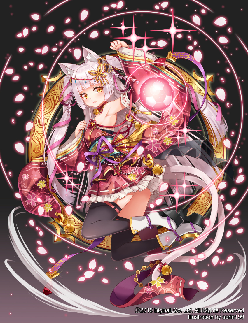 1girl 2015 animal_ears armpits artist_name backpack bag cat_ears cat_tail detached_sleeves eyebrows_visible_through_hair full_body highres japanese_clothes kimono lace-trimmed_sleeves long_hair multiple_tails pink_ribbon platform_clogs purple_ribbon ribbon sash serin199 shoes short_kimono short_yukata silver_hair soccer_spirits solo tail thigh-highs twintails very_long_hair white_shoes yellow_eyes yukata