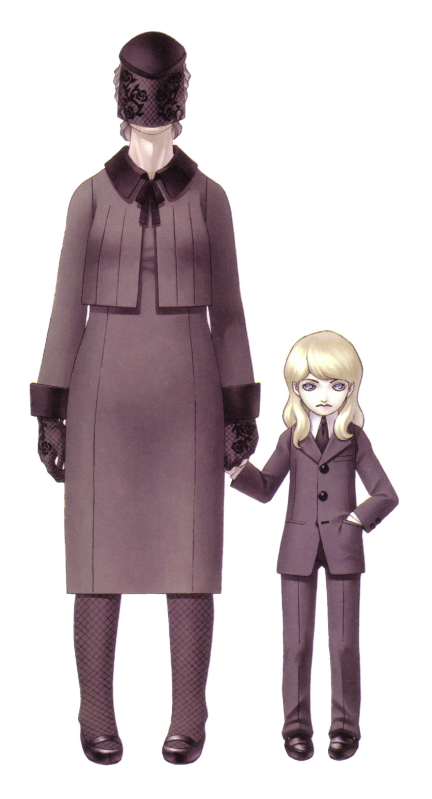 1boy 1girl blonde_hair child formal hand_holding hand_in_pocket highres kazuma_kaneko lady_in_black long_hair louis_cypher official_art old_woman shin_megami_tensei shin_megami_tensei_iii:_nocturne veil