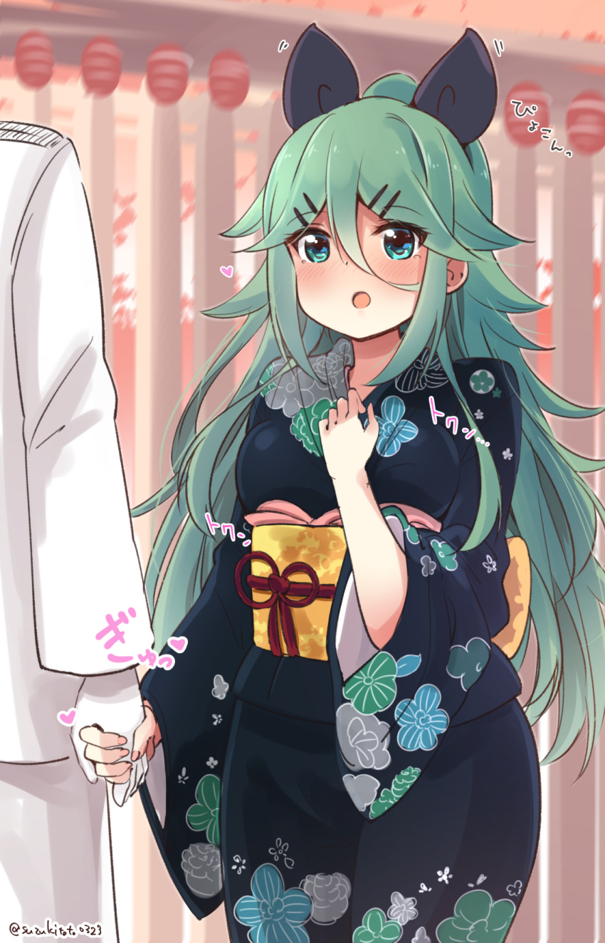 1boy 1girl :o admiral_(kantai_collection) blush commentary_request floral_print green_eyes green_hair hair_ornament hair_ribbon hairclip hand_holding hand_on_own_chest heart highres japanese_clothes kantai_collection kimono long_hair out_of_frame ribbon solo_focus suzuki_toto twitter_username yamakaze_(kantai_collection) yukata