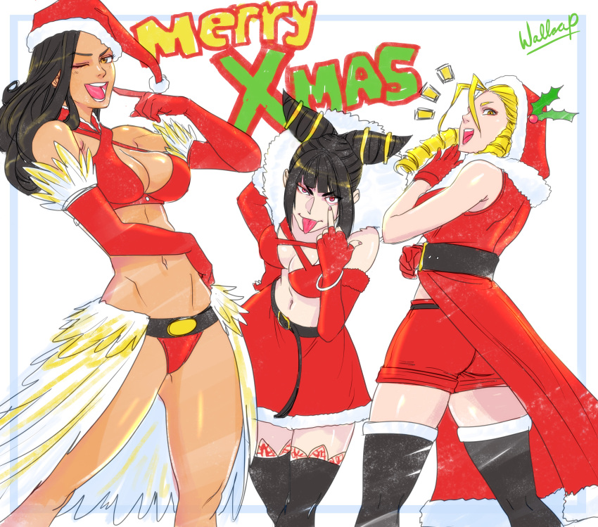 3girls absurdres alternate_costume black_hair blonde_hair breasts cleavage han_juri highres kanzuki_karin laughing laura_matsuda looking_at_viewer multiple_girls open_mouth street_fighter street_fighter_v thigh-highs tongue tongue_out wallace_pires