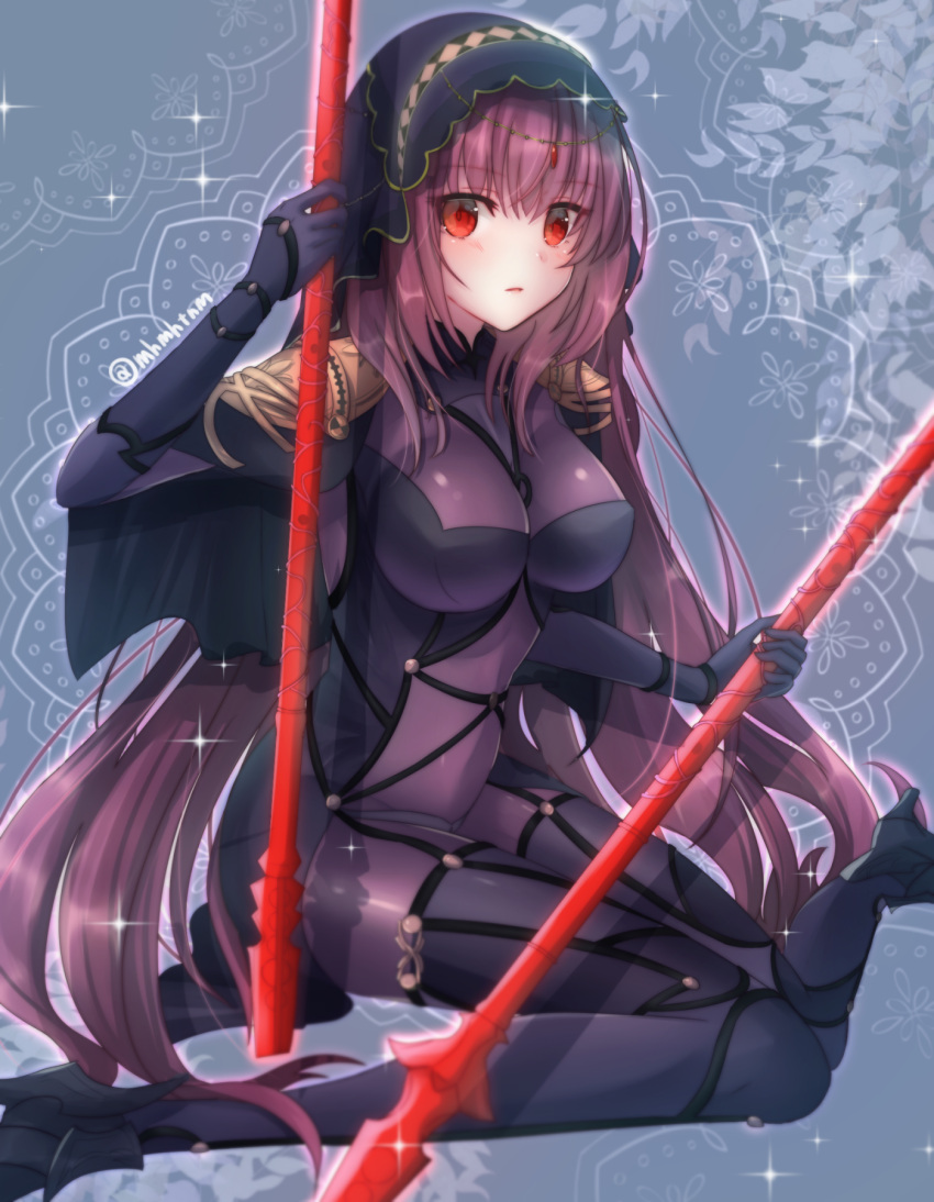 1girl bodysuit breasts covered_navel dual_wielding fate/grand_order fate_(series) gae_bolg highres large_breasts long_hair looking_at_viewer pauldrons polearm purple_bodysuit purple_hair red_eyes scathach_(fate/grand_order) solo sparkle spear tanaji veil weapon