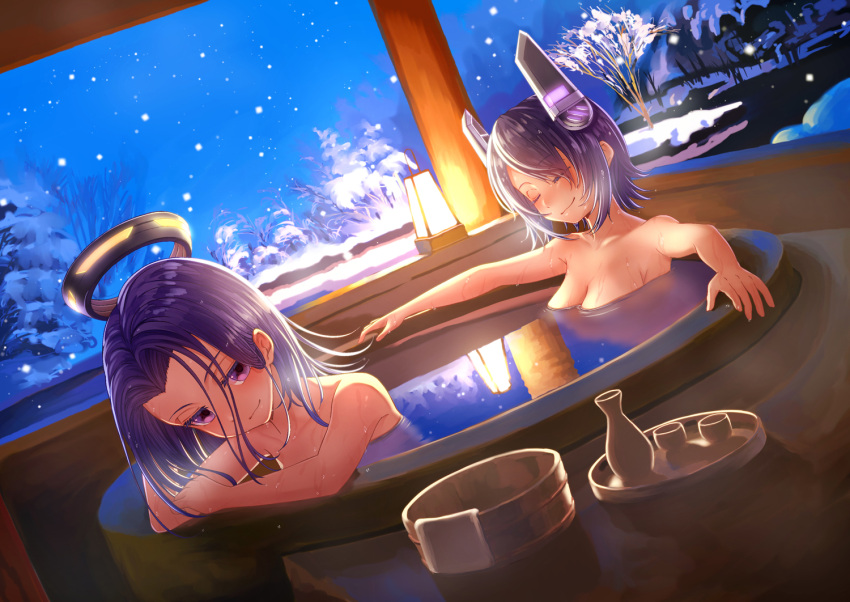 2girls arm_support armpits bath bathing blush breasts bucket cleavage closed_eyes closed_mouth collarbone commentary_request cup dutch_angle eyebrows_visible_through_hair floating_object hair_between_eyes jug kantai_collection lantern light looking_at_viewer mechanical_halo medium_breasts mocha multiple_girls nude partially_submerged purple_hair reflection revision seductive_smile short_hair smile snow snowing tatsuta_(kantai_collection) tenryuu_(kantai_collection) upper_body violet_eyes water winter wooden_bucket