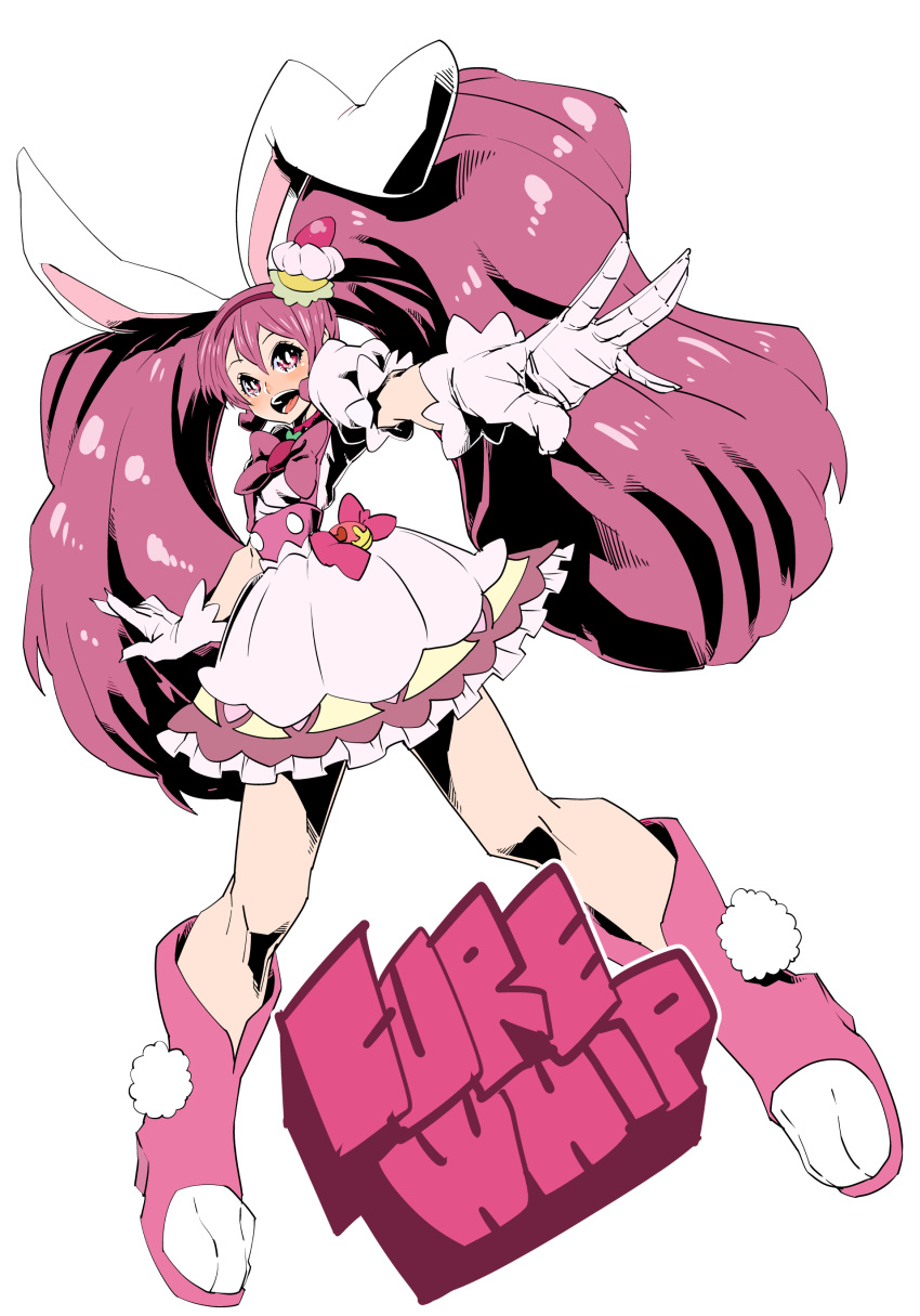 1girl :d absurdres animal_ears boots bow cake_hair_ornament character_name cure_whip dress food_themed_hair_ornament full_body gloves hair_ornament highres katana_(life_is_beautiful) kirakira_precure_a_la_mode knee_boots long_hair looking_at_viewer magical_girl open_mouth pink_boots pink_bow pink_eyes pink_hair precure rabbit_ears smile solo twintails usami_ichika white_background white_dress white_gloves