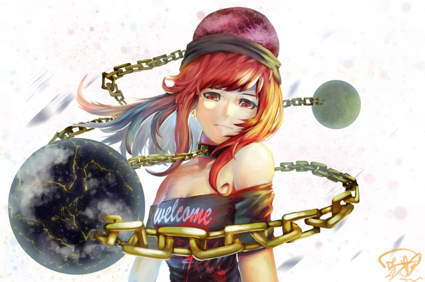 1girl black_shirt chains clothes_writing continents earth_(ornament) foreshortening gold_chain head_scarf hecatia_lapislazuli heiyao highres looking_at_viewer moon_(ornament) motion_blur off-shoulder_shirt polos_crown red_eyes redhead shirt solo t-shirt touhou upper_body