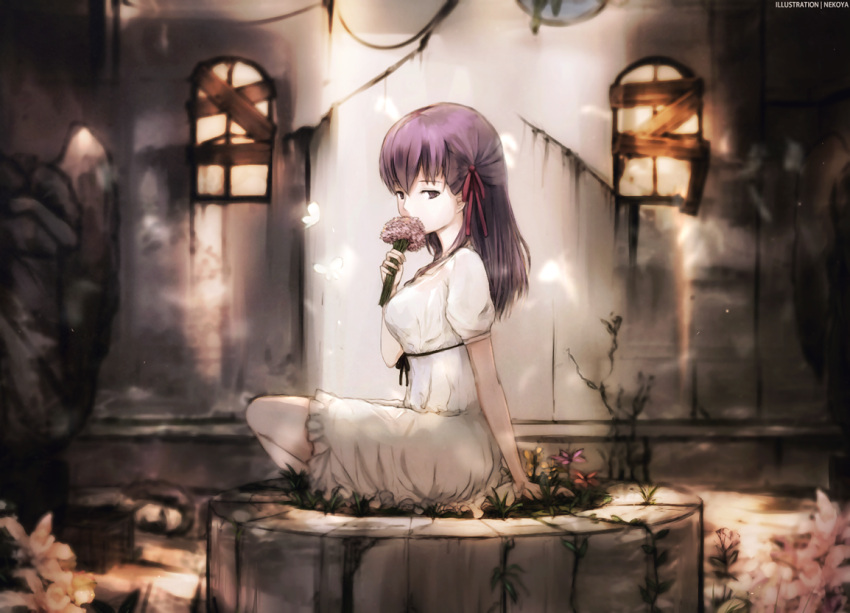 1girl artist_name bouquet butterfly dress dyolf fate/stay_night fate_(series) flower from_side hair_ribbon half_updo heavens_feel holding holding_flower long_hair matou_sakura overgrown plant purple_hair ribbon ruins short_sleeves sitting smelling solo statue violet_eyes white_dress window