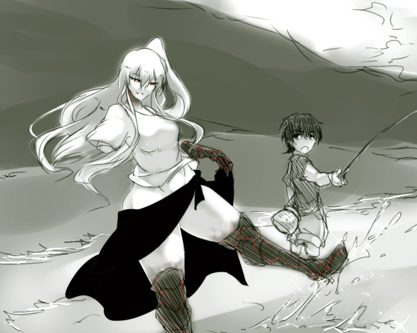1boy 1girl aircraft_carrier_hime amputee beach black_hair breasts cleavage fishing fishing_rod greyscale holding holding_fishing_rod kantai_collection karakure_(kamo-nanban) large_breasts long_hair monochrome ocean one_side_up open_mouth red_eyes sand shinkaisei-kan shirt short_hair shorts smile spot_color t-shirt very_long_hair water white_hair white_skin