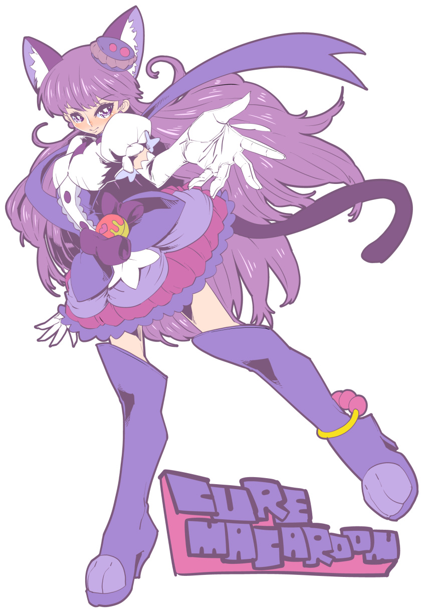 1girl animal_ears boots bow bubble_skirt cat_ears cat_tail character_name cure_macaron elbow_gloves food_themed_hair_ornament gloves hair_ornament highres katana_(life_is_beautiful) kirakira_precure_a_la_mode kotozume_yukari layered_skirt looking_at_viewer macaron_hair_ornament magical_girl outstretched_hand precure puffy_sleeves purple_boots purple_bow purple_skirt skirt solo tail thigh-highs thigh_boots violet_eyes white_background white_gloves