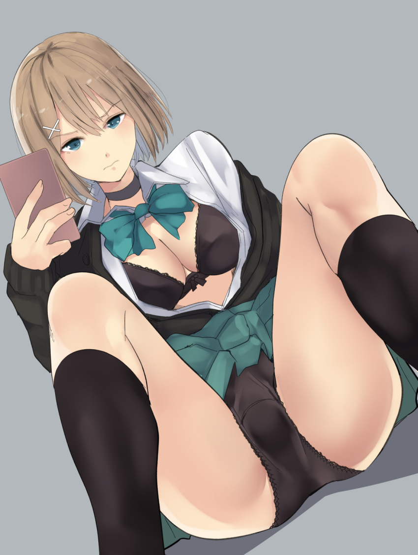 1girl alternate_costume black_legwear blue_eyes bow bowtie breasts brown_hair cafe_au_lait_(kafeore) cardigan cellphone choker cleavage closed_mouth commentary_request eyebrows_visible_through_hair grey_background hair_ornament hairclip highres kantai_collection knees_up long_sleeves looking_at_viewer maya_(kantai_collection) panties phone school_uniform self_shot short_hair sitting sleeveless smartphone solo spread_legs underwear x_hair_ornament
