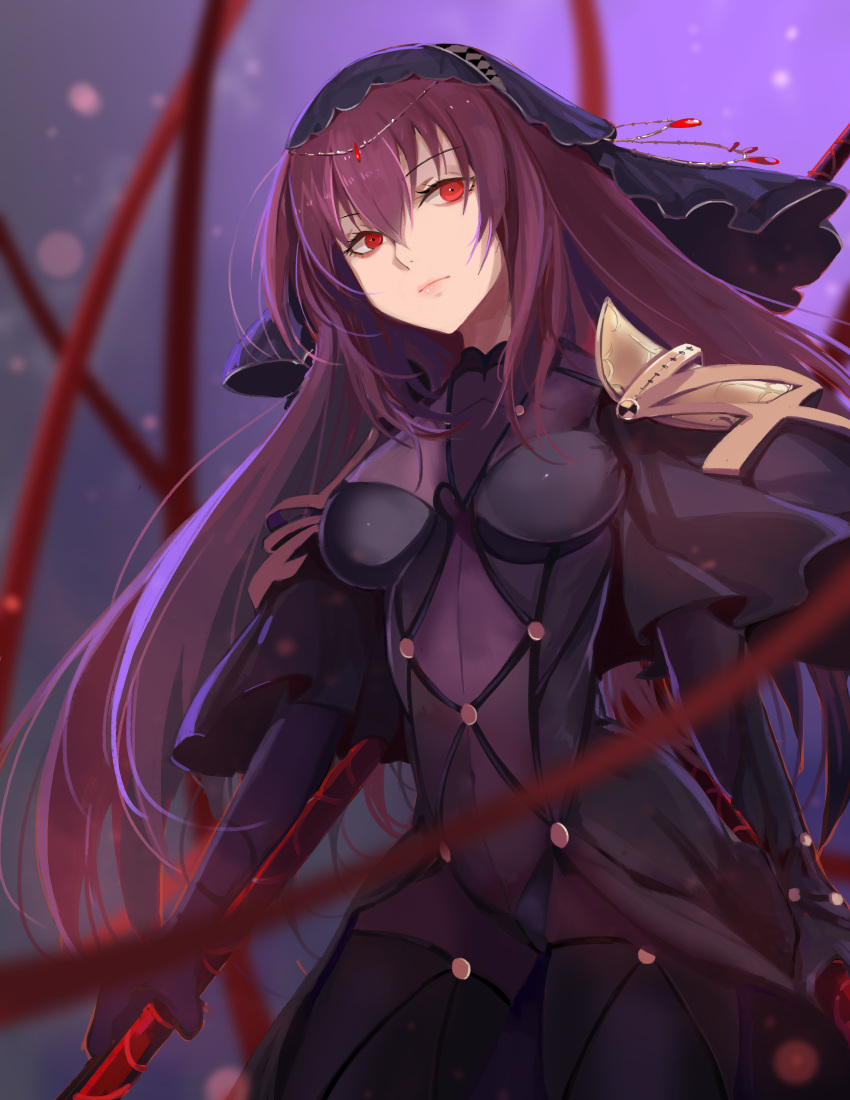 1girl absurdres blurry bodysuit covered_navel depth_of_field fate/grand_order fate_(series) gae_bolg highres long_hair pauldrons polearm purple_bodysuit purple_hair red_eyes red_ribbon ribbon scathach_(fate/grand_order) solo spear veil weapon yggdrasil_(664018742)