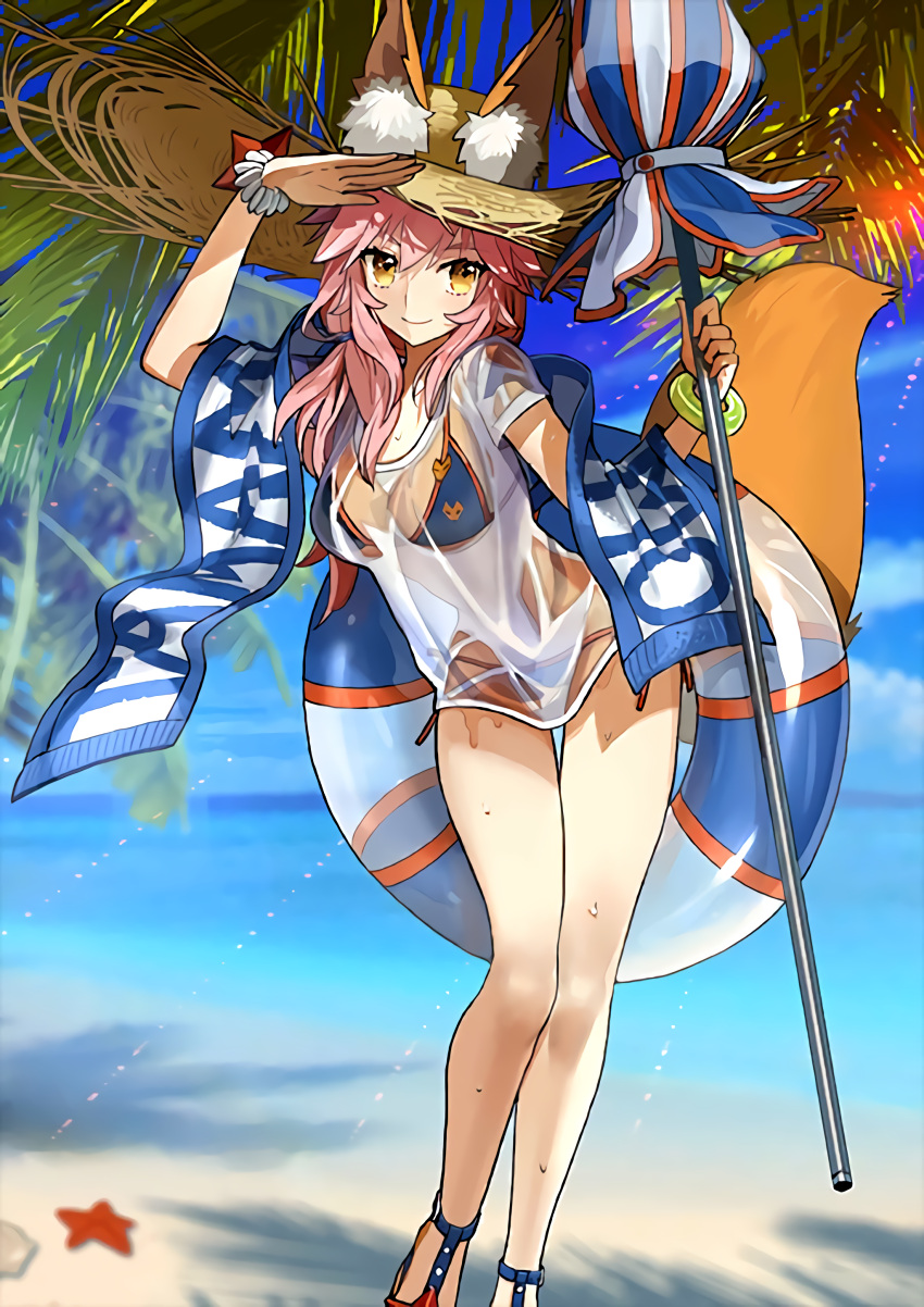 1girl absurdres animal_ears bikini blue_bikini bracelet breasts fate/extra fate/grand_order fate_(series) fox_ears fox_tail hat highres jewelry large_breasts long_hair looking_at_viewer nature ocean official_art parasol pink_hair see-through solo swimsuit tail tamamo_(fate)_(all) tamamo_no_mae_(swimsuit_lancer)_(fate) umbrella wada_aruko wet wet_clothes yellow_eyes