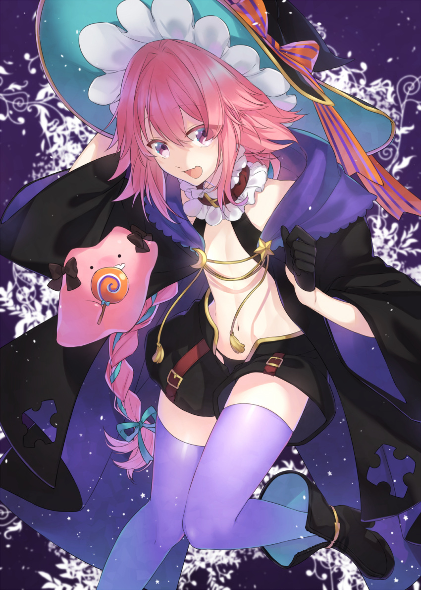 1boy black_gloves blue_eyes blue_legwear braid candy citron_82 ditto fang fate/apocrypha fate_(series) food gloves halloween hat highres lollipop long_hair male_focus navel open_mouth pink_hair pokemon pokemon_(creature) rider_of_black shorts single_braid smile solo thigh-highs trap witch_hat