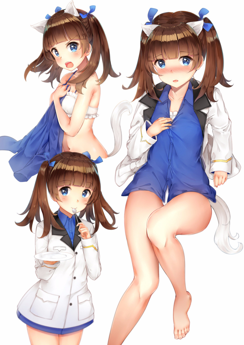 1girl absurdres animal_ears bangs bare_legs barefoot blue_eyes blunt_bangs blurry blush bra brave_witches brown_hair cowboy_shot depth_of_field embarrassed full_body georgette_lemare highres holding holding_plate long_hair looking_at_viewer lying military military_uniform multiple_views navel open_clothes panties plate ribbon somalisu spoon_in_mouth standing tail twintails underwear undressing uniform upper_body white_background white_panties world_witches_series