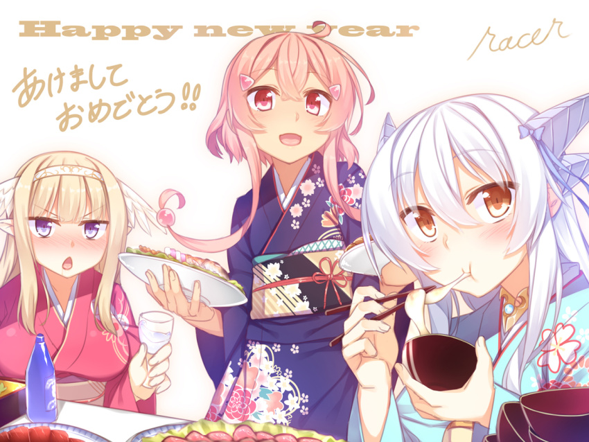 3girls bangs blue_eyes blunt_bangs blush bottle brown_eyes brown_hair character_request chopsticks commentary_request eating english floral_print food glass hair_ribbon hairband happy_new_year holding japanese_clothes kimono long_hair looking_at_viewer mochi multiple_girls new_year open_mouth original pink_eyes pink_hair racer_(magnet) ribbon sake_bottle signature silver_hair translated wagashi