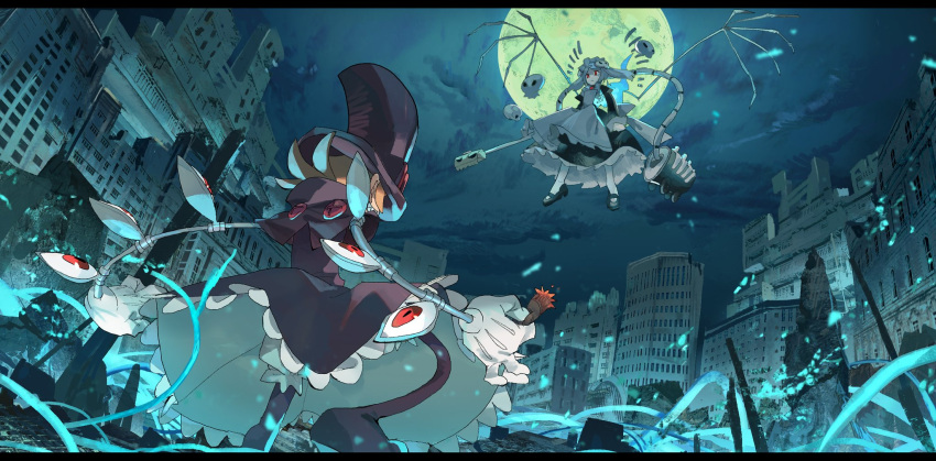 2girls apron artist_request battle bloody_marie_(skullgirls) bloomers blue_fire building cigar city debris dress extra_eyes eyes fire floating frilled_dress frills from_behind from_below full_moon gloves grin hair_ornament hat highres landscape maid maid_apron maid_headdress mechanical_arm moon multiple_girls night night_sky on_ground orange_hair pale_skin peacock_(skullgirls) red_eyes sharp_teeth shoes showdown skull skull_hair_ornament skullgirls sky smile standing teeth top_hat twintails underwear weapon white_hair wings