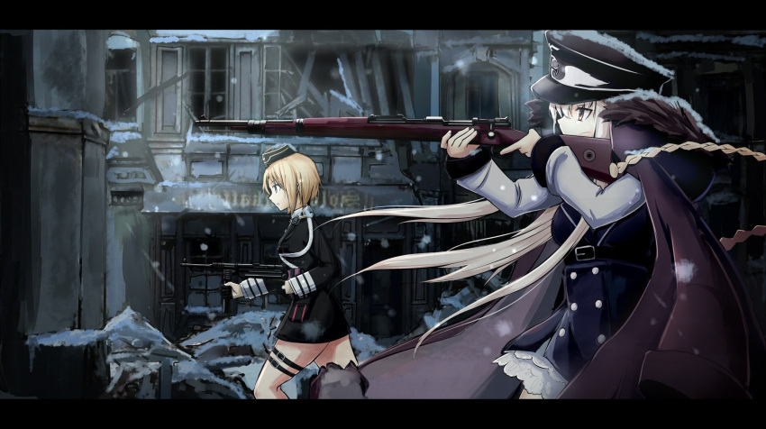 2girls aiming artist_request blonde_hair bolt_action coat fur_trim german german_clothes girls_frontline gun hat highres kar98k_(girls_frontline) long_hair mp38 mp38_(girls_frontline) multiple_girls silver_hair snow submachine_gun thigh_strap weapon