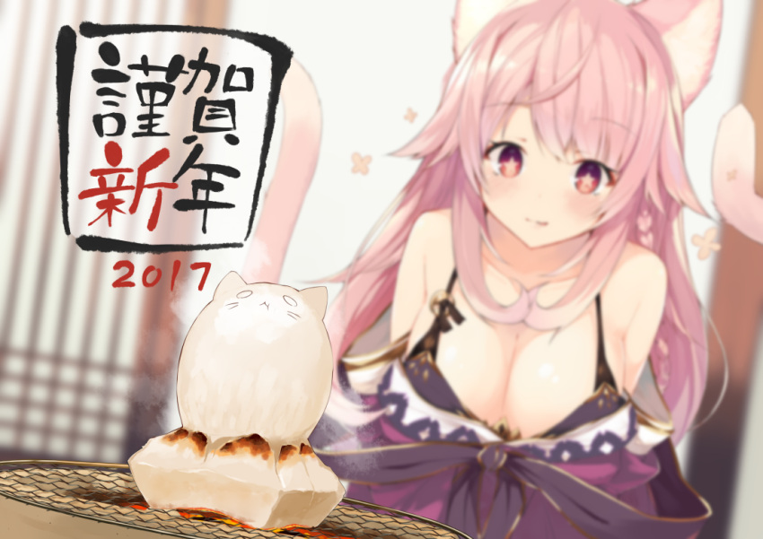 1girl 2017 :q :t animal_ears bangs bare_shoulders blurry blush breasts cat_ears cat_tail cleavage closed_mouth collarbone commentary depth_of_field dutch_angle eyebrows_visible_through_hair food grill hair_flaps happy_new_year indoors large_breasts long_hair nekomata nengajou new_year original pink_hair red_eyes solo star star-shaped_pupils symbol-shaped_pupils tail tongue tongue_out translated yuui_hutabakirage