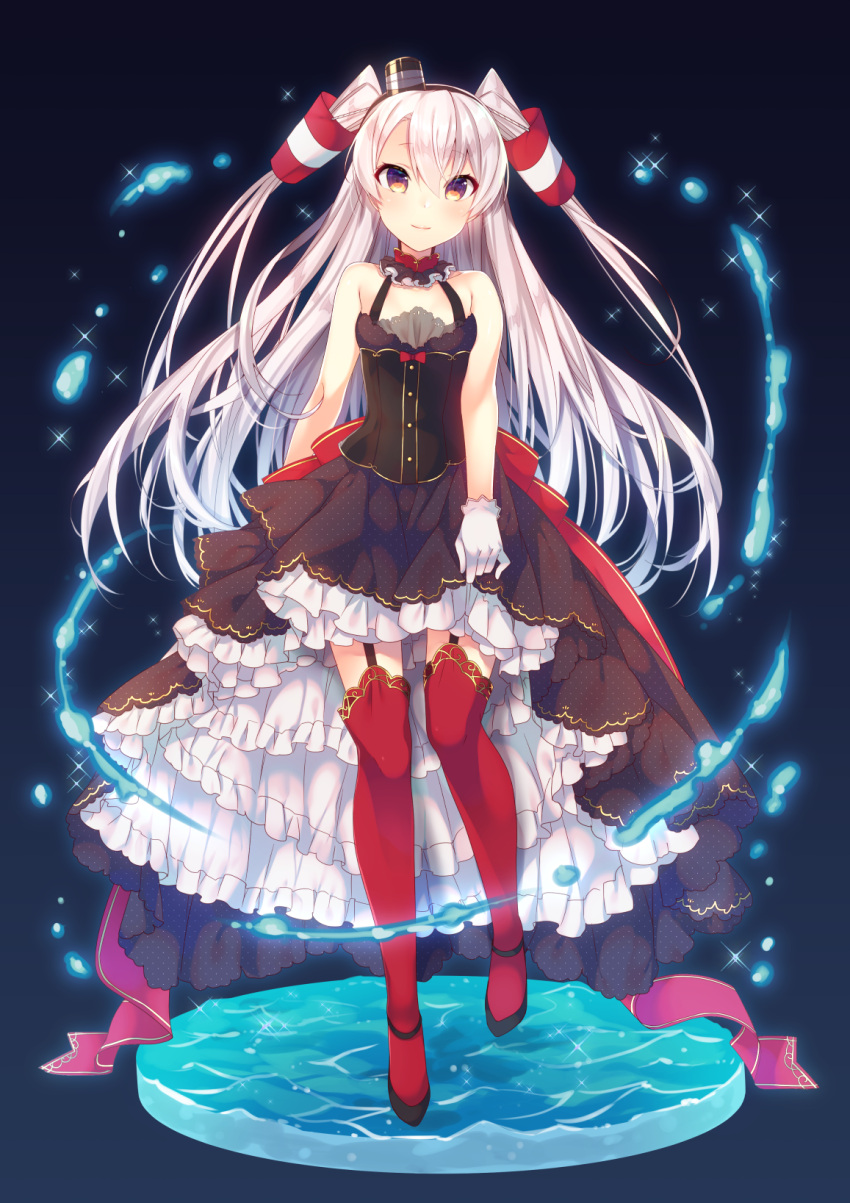 1girl alternate_costume amatsukaze_(kantai_collection) arm_at_side bare_shoulders brown_dress brown_eyes dress full_body garter_straps gloves hair_between_eyes hairband halter_top halterneck high_heels highres kantai_collection light_smile long_dress long_hair looking_at_viewer red_legwear silver_hair smokestack sparkle standing standing_on_liquid tahya thigh-highs two_side_up water white_gloves