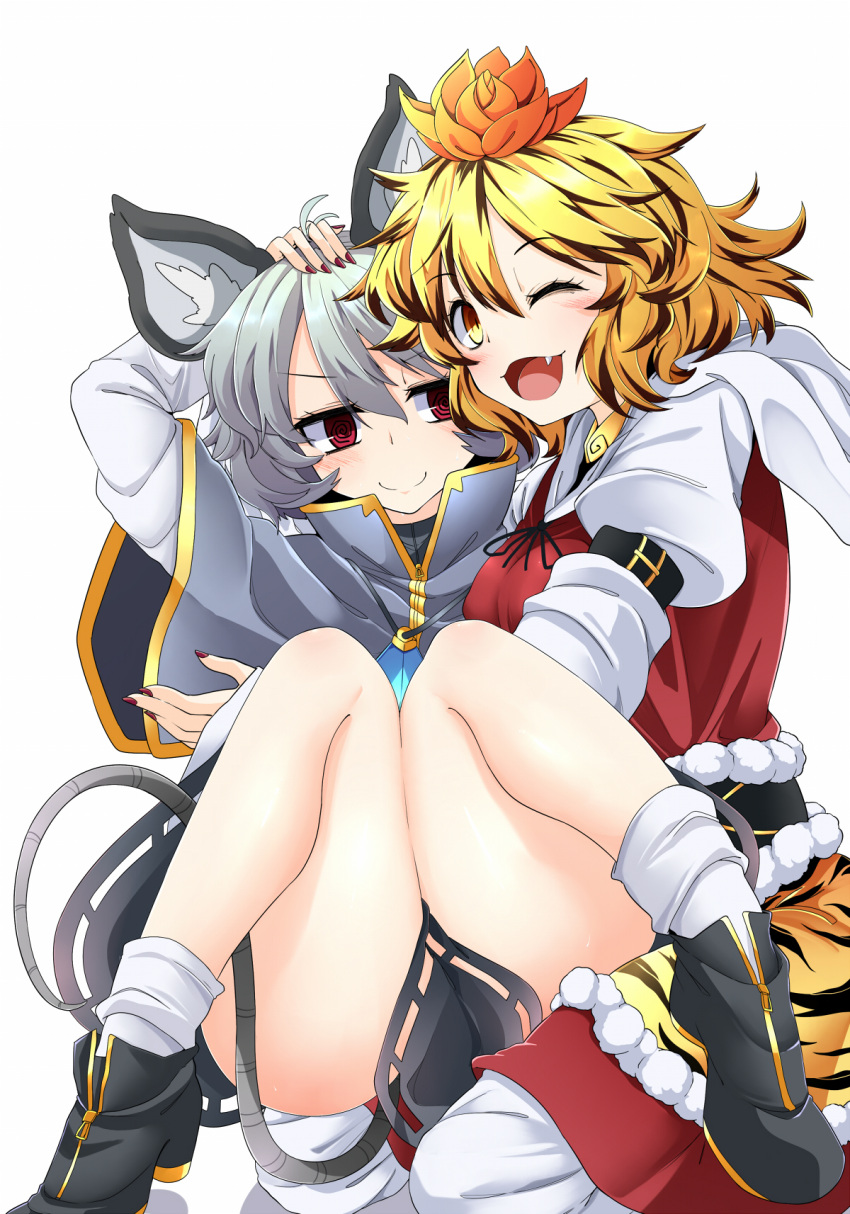 &gt;:) 2girls ;d animal_ears animal_print arm_garter black_ribbon black_skirt blush capelet fang grey_hair hair_between_eyes hair_ornament highres hug jewelry juliet_sleeves knees_together_feet_apart long_sleeves looking_at_another looking_at_viewer mouse_ears mouse_tail multiple_girls nail_polish nazrin neck_ribbon one_eye_closed open_mouth pendant petting puffy_sleeves red_nails ribbon rihito_(usazukin) short_hair skirt smile tail tiger_print toramaru_shou touhou