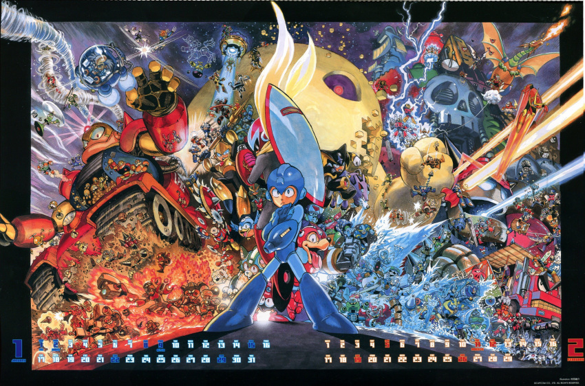 6+boys airman albert_w_wily astroman beat_(rockman) blues_(rockman) brightman calendar character_request crashman cutman darkman drillman eddie_(rockman) elecman fire fireman flashman forte_(rockman) fortress galaxyman geminiman gospel gutsman highres iceman jewelman laser lightning looking_at_viewer metalman metool multiple_boys murata_yuusuke napalmman quickman ringman robot rockman rockman_(character) rockman_(classic) rush_(rockman) sheepman shield skull slashman standing starman_(rockman) strikeman tango_(rockman) timeman tornado ufo water yellow_devil