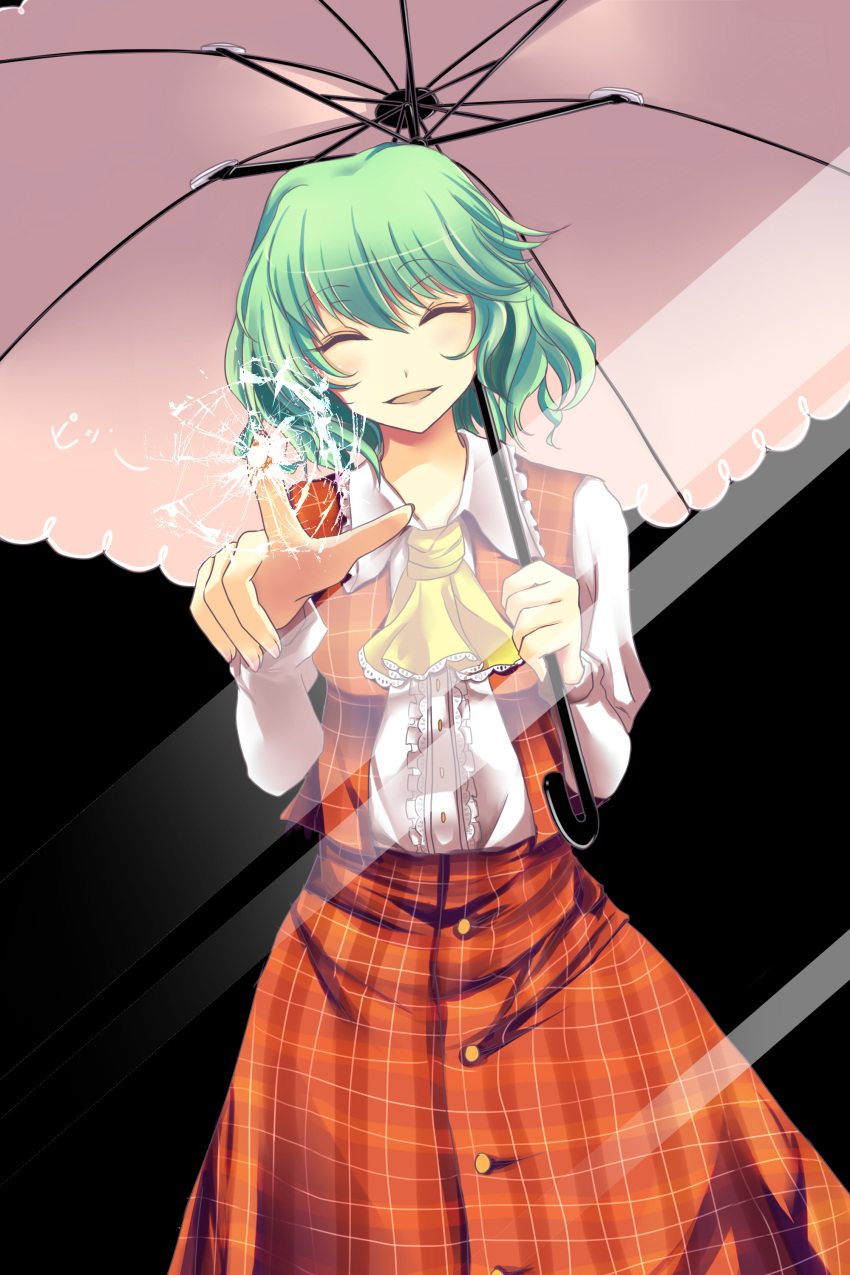 1girl :d ^_^ absurdres ascot blush broken_glass closed_eyes dress_shirt fourth_wall glass green_hair highres holding holding_umbrella katsuko_(tohyarei) kazami_yuuka long_sleeves looking_at_viewer open_clothes open_mouth open_vest plaid plaid_skirt plaid_vest shirt skirt skirt_set smile solo touhou umbrella vest