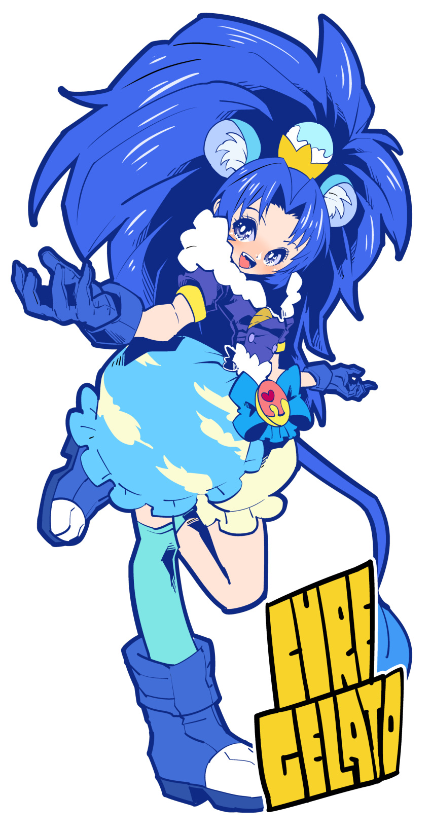 1girl :d absurdres animal_ears bad_proportions bangs blue_eyes blue_gloves blue_hair blue_legwear blue_shirt blue_shoes blue_skirt character_name cloud_print cure_gelato full_body gloves highres katana_(life_is_beautiful) kirakira_precure_a_la_mode layered_skirt lion_ears lion_tail long_hair looking_at_viewer magical_girl matching_hair/eyes open_mouth parted_bangs precure print_skirt shirt shoes single_thighhigh skirt smile solo standing standing_on_one_leg tail tategami_aoi thigh-highs white_background
