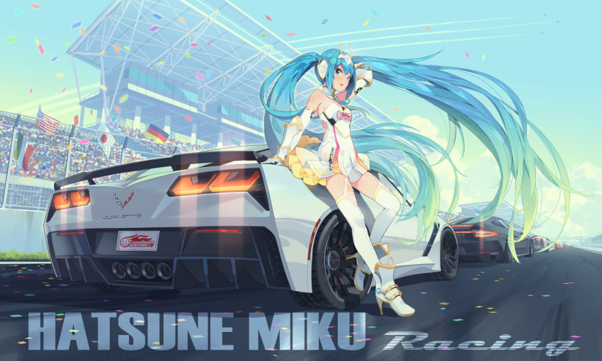 1girl :d american_flag ankle_boots aqua_hair arm_support arm_up bare_shoulders blue_eyes blue_hair boots breasts car chevrolet chevrolet_corvette clothes_writing condensation_trail confetti copyright_name ddal dress elbow_gloves fence garter_straps german_flag gloves goodsmile_racing gradient_hair ground_vehicle hatsune_miku high_heel_boots high_heels highres italian_flag japanese_flag leaning leg_up long_hair looking_at_viewer medium_breasts motor_vehicle multicolored_hair open_mouth racecar racequeen racing road sleeveless sleeveless_dress smile solo_focus spoiler_(automobile) standing standing_on_one_leg street thigh-highs tiara twintails very_long_hair vocaloid white_boots white_dress white_gloves zettai_ryouiki