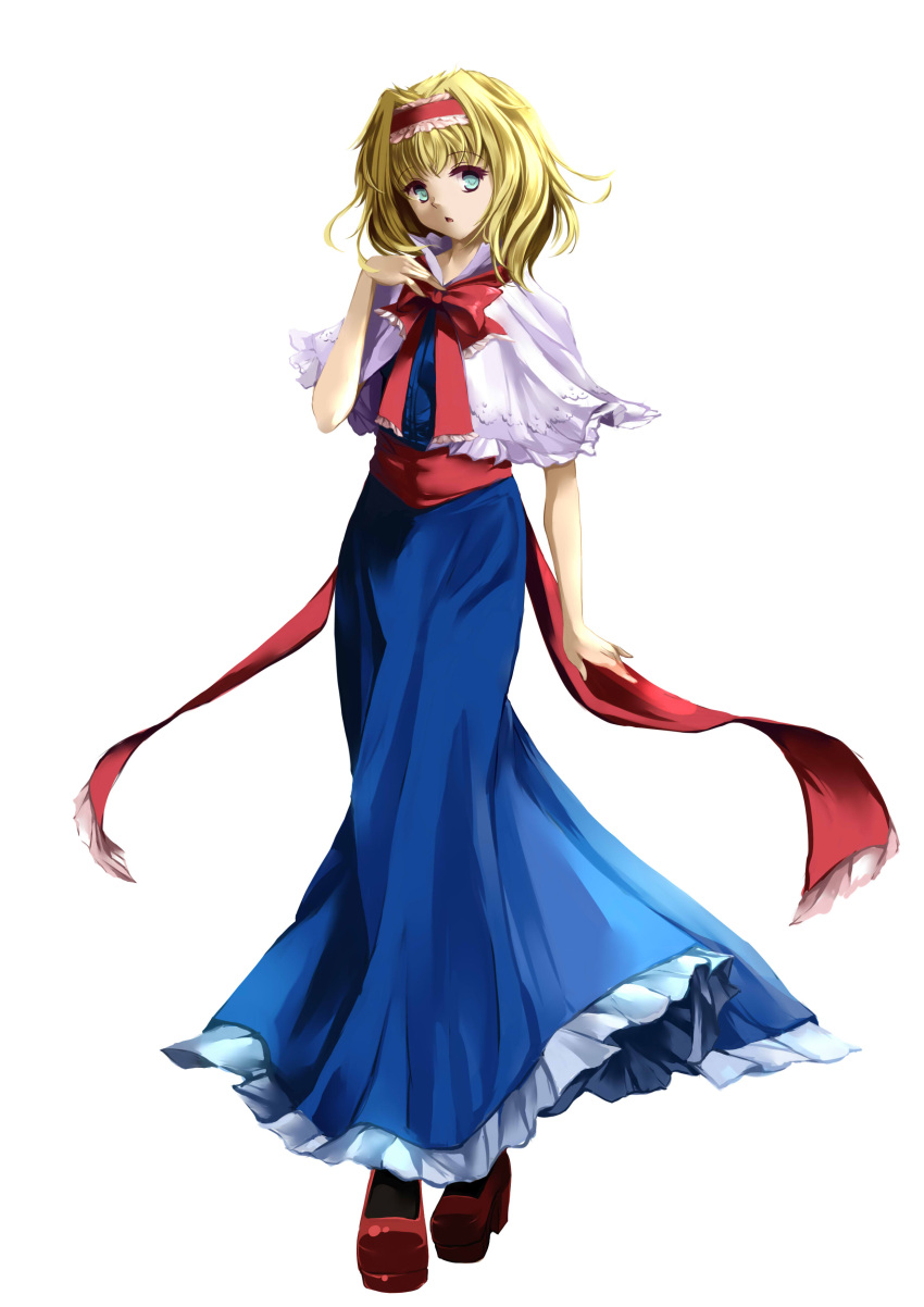 1girl absurdres alice_margatroid blonde_hair blue_dress blue_eyes bow bowtie capelet dress full_body highres katsuko_(tohyarei) kirisame_marisa looking_at_viewer parted_lips red_bow red_bowtie red_shoes sash shoes short_hair solo standing touhou