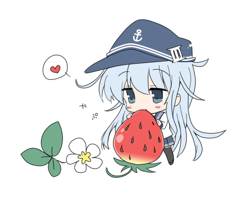 1girl anchor_symbol black_legwear blue_eyes chibi eating flat_cap flower food fruit hat hibiki_(kantai_collection) hizuki_yayoi kantai_collection long_hair minigirl oversized_object school_uniform serafuku silver_hair solo standing strawberry thigh-highs