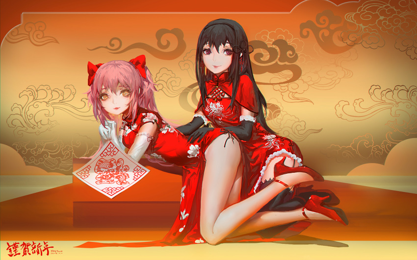 2girls akemi_homura black_hair black_hairband blackrabbitsoul breasts china_dress chinese_clothes dress garter_straps hairband hands_on_another's_hips highres kaname_madoka kneeling long_hair looking_at_viewer mahou_shoujo_madoka_magica multiple_girls pink_hair short_twintails side_slit smile twintails violet_eyes yellow_eyes
