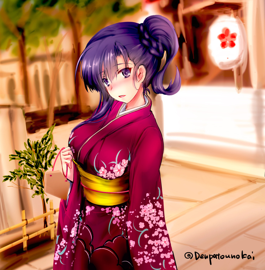 1girl asymmetrical_hair bangs blurry blush braid breasts cowboy_shot depth_of_field ema floral_print furisode happy_new_year highres japanese_clothes kimono kimura_shuuichi large_breasts long_sleeves looking_at_viewer new_year nose_blush obi original parted_lips purple_hair sash side_ponytail sidelocks solo twitter_username violet_eyes wide_sleeves