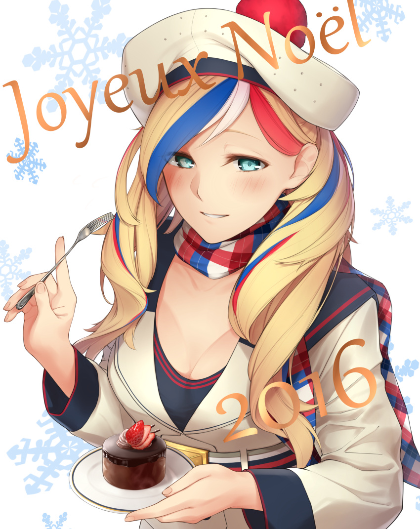 1girl 2016 absurdres belt belt_buckle beret blonde_hair blue_eyes blue_hair breasts buckle cake cleavage collarbone commandant_teste_(kantai_collection) commentary_request enosan fingernails food french fruit grin hat highres holding_fork kantai_collection long_hair long_sleeves looking_at_viewer matching_hair/eyes medium_breasts multicolored_hair multicolored_scarf plate redhead scarf smile snowflake_background solo strawberry translated white_background white_hair