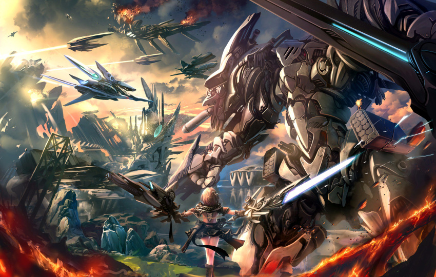 1girl aerial_battle aircraft airplane battle boots brown_hair burning clouds debris energy_sword fighter_jet fire from_behind gun highres jet legs_crossed mecha military military_vehicle original outdoors rock science_fiction short_hair smoke soraizumi standing sword weapon work_in_progress