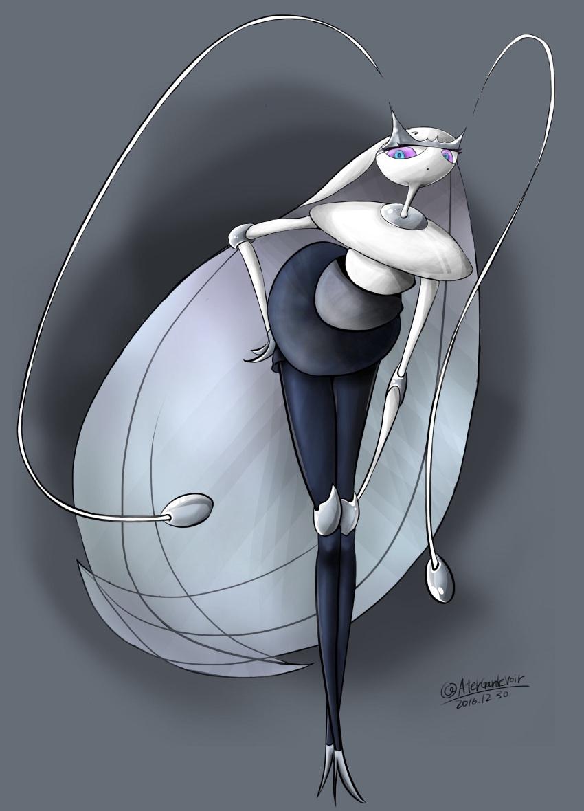 alternate_color antennae artist_request blue_eyes cockroach dated grey_background hand_on_hip highres insect legs long_hair long_legs pheromosa pokemon pokemon_(game) pokemon_sm pose shiny_pokemon smug solo ultra_beast very_long_hair violet_eyes