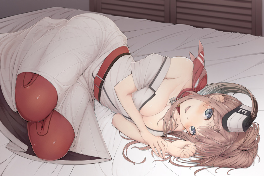 1girl :d bare_shoulders bed bed_sheet bedroom belt belt_buckle black_hat blue_eyes blush breasts brown_hair buckle cleavage collarbone colored_eyelashes dress hat highres indoors kantai_collection kerchief long_dress long_hair looking_at_viewer lying medium_breasts no_bra off_shoulder on_bed on_side open_clothes open_dress open_mouth pantyhose red_legwear saratoga_(kantai_collection) short_sleeves side_ponytail smile solo urigarasu white_dress