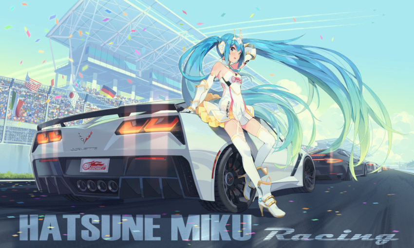 1girl :d american_flag ankle_boots aqua_hair arm_support arm_up bare_shoulders blue_eyes blue_hair boots breasts car chevrolet chevrolet_corvette clothes_writing condensation_trail confetti copyright_name ddal dress elbow_gloves fence garter_straps german_flag gloves goodsmile_racing gradient_hair ground_vehicle hatsune_miku high_heel_boots high_heels italian_flag japanese_flag leaning leg_up long_hair looking_at_viewer medium_breasts motor_vehicle multicolored_hair open_mouth racecar racequeen racing road sleeveless sleeveless_dress smile solo_focus spoiler_(automobile) standing standing_on_one_leg street thigh-highs tiara twintails very_long_hair vocaloid white_boots white_dress white_gloves zettai_ryouiki