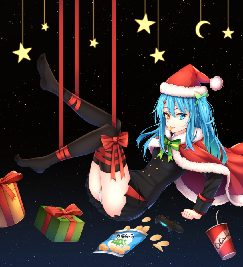 1girl :p ass black_legwear blue_eyes blue_hair box cape chips christmas controller double-breasted drinking_straw food game_controller gift gift_box hat healther heterochromia highres matching_hair/eyes original panties pleated_skirt ribbon santa_hat skirt smile solo thigh-highs tongue tongue_out twintails underwear white_panties yellow_eyes