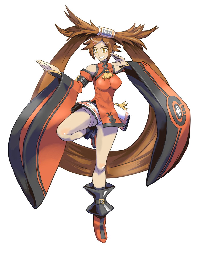 1girl absurdres artist_request bare_shoulders boots breasts brown_eyes brown_hair china_dress chinese_clothes detached_sleeves dress guilty_gear hair_ornament hair_ring highres kuradoberi_jam large_breasts long_hair open_mouth panties skirt smile solo twintails underwear very_long_hair