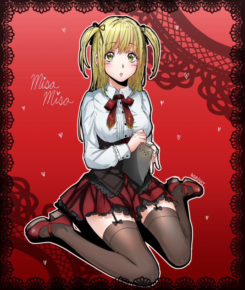 1girl :o amane_misa bangs black_legwear blonde_hair blush bomhat book corset cross death_note frilled_skirt frills garter_straps gothic_lolita green_eyes hair_ribbon half_updo highres holding holding_book lace lipstick lolita_fashion long_hair long_sleeves looking_at_viewer makeup mary_janes necktie notebook open_mouth red_background ribbon shoes sitting skirt solo thigh-highs twintails wariza