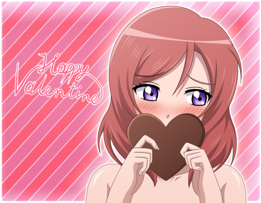 1girl blush chocolate chocolate_heart covering_face embarrassed happy_valentine heart highres looking_at_viewer love_live! love_live!_school_idol_project nishikino_maki nude ogoro redhead short_hair solo violet_eyes