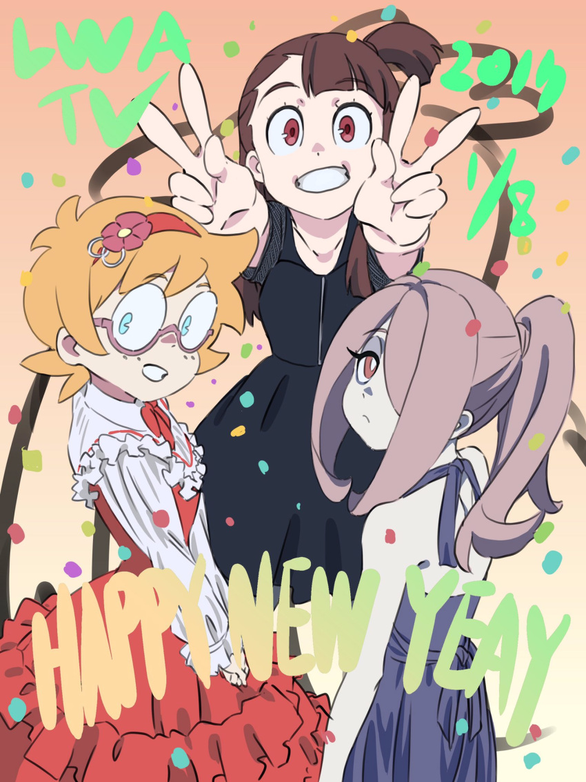 2017 3girls akko_kagari alternate_costume alternate_hairstyle blue_eyes brown_hair double_v dress expressionless formal frills glasses grin hair_over_one_eye hairband halter_dress highres kengo little_witch_academia long_hair lotte_yanson multiple_girls new_year orange_hair ponytail red_eyes short_hair smile sucy_manbabalan v