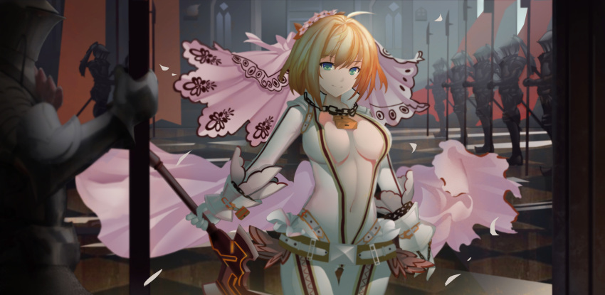 1girl 6+boys absurdres alternate_hairstyle armor belt blonde_hair breasts chains fate/extra fate/extra_ccc fate_(series) gluteal_fold green_eyes highres indoors lock magician_(china) multiple_boys navel padlock petals polearm revision saber_bride saber_extra short_hair skin_tight smile solo_focus standing sword veil walking weapon wind wrist_cuffs