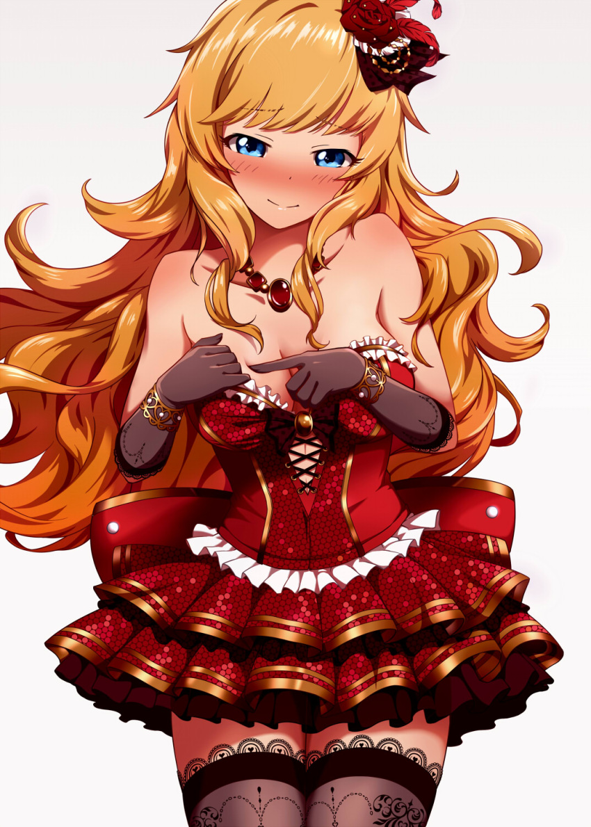 1girl bare_shoulders black_gloves black_legwear blonde_hair blue_eyes blush breasts cleavage corset dress gloves hadome hair_ornament highres idolmaster idolmaster_cinderella_girls idolmaster_cinderella_girls_starlight_stage jewelry long_hair looking_at_viewer necklace ootsuki_yui poking red_dress smile solo thigh-highs