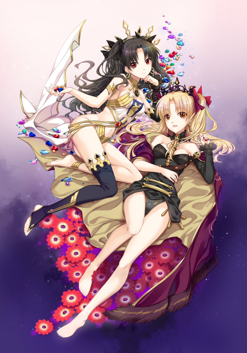 &gt;:) 2girls :d ankle arm_warmers armlet bangs bare_arms barefoot between_breasts black_dress black_hair black_legwear black_ribbon blonde_hair bow breasts cleavage closed_mouth collarbone crystal detached_collar dress dual_persona earrings ereshkigal_(fate/grand_order) eyebrows_visible_through_hair fate_(series) feet full_body gradient gradient_background hair_ribbon hand_on_own_stomach highres hoop_earrings ishtar_(fate/grand_order) jewelry jh long_hair lying medium_breasts multiple_girls nail_polish navel on_back open_mouth parted_bangs red_bow red_eyes red_flower red_nails ribbon single_thighhigh skull smile stomach strapless strapless_dress thigh-highs tiara toeless_legwear toes tohsaka_rin twintails very_long_hair
