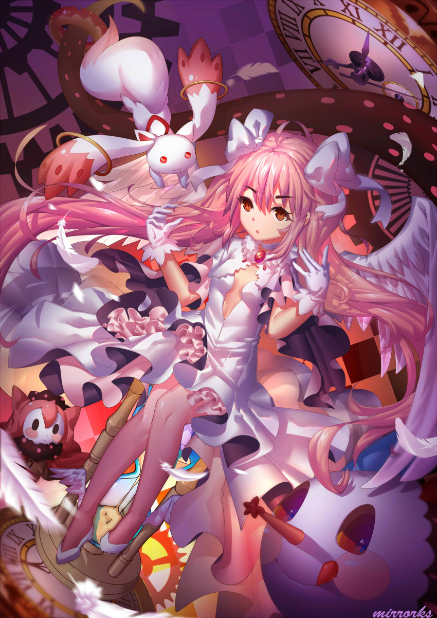 1girl :o absurdres ahoge bow brooch charlotte_(madoka_magica) checkered checkered_background choker cleavage_cutout clock doughnut dress feathered_wings feathers food frills full_body gears gloves goddess_madoka hair_between_eyes hair_bow highres hourglass jewelry kaname_madoka kyubey long_hair mahou_shoujo_madoka_magica mirrorks orange_eyes pink_hair red_eyes roman_numerals shoes sitting spoilers tongue tongue_out very_long_hair white_bow white_dress white_gloves white_shoes white_wings wings