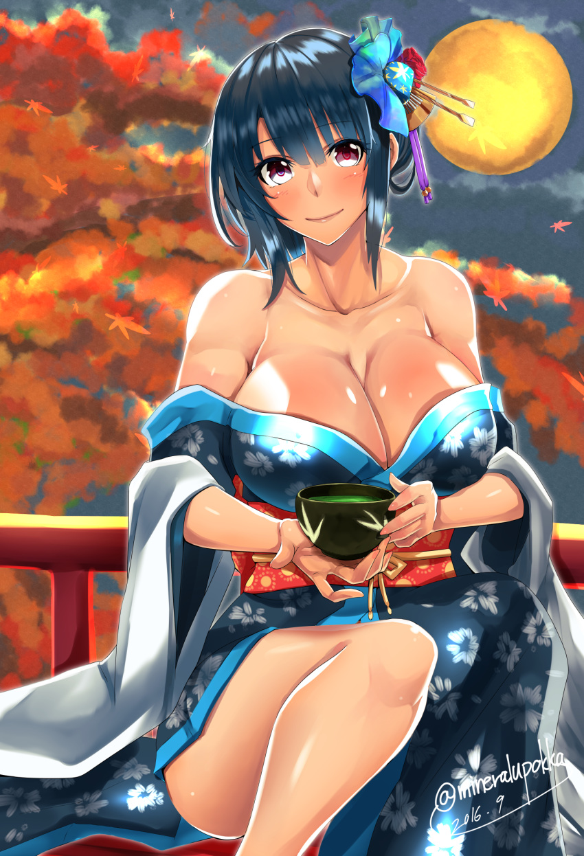 1girl 2016 alternate_costume alternate_hairstyle autumn_leaves bare_shoulders blue_clothes blue_hair blue_kimono blush bowl breasts cleavage collarbone cup dated drink duralu500 female floral_print full_moon green_tea hair_ornament highres huge_breasts japanese_clothes kantai_collection kimono knee_up looking_at_viewer moon neck night night_sky outdoors shiny_skin short_hair sitting sky smile solo takao_(kantai_collection) tea tea_cup tree violet_eyes