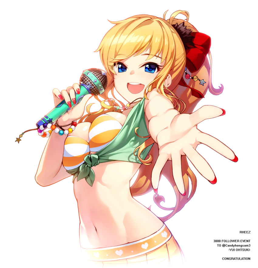 1girl bikini_top blonde_hair blue_eyes blush breasts cleavage highres idolmaster idolmaster_cinderella_girls long_hair looking_at_viewer microphone navel ootsuki_yui open_mouth outstretched_arm ponytail rheez smile solo