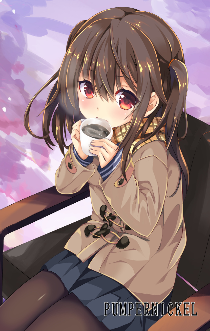 1girl bangs black_legwear black_skirt blush brown_coat brown_hair chair coat coffee cup drinking duffel_coat eyebrows_visible_through_hair hair_between_eyes highres holding holding_cup legs_together long_hair looking_at_viewer original pantyhose plaid plaid_scarf pleated_skirt red_eyes scarf sitting skirt solo sumisuzu two_side_up yellow_scarf